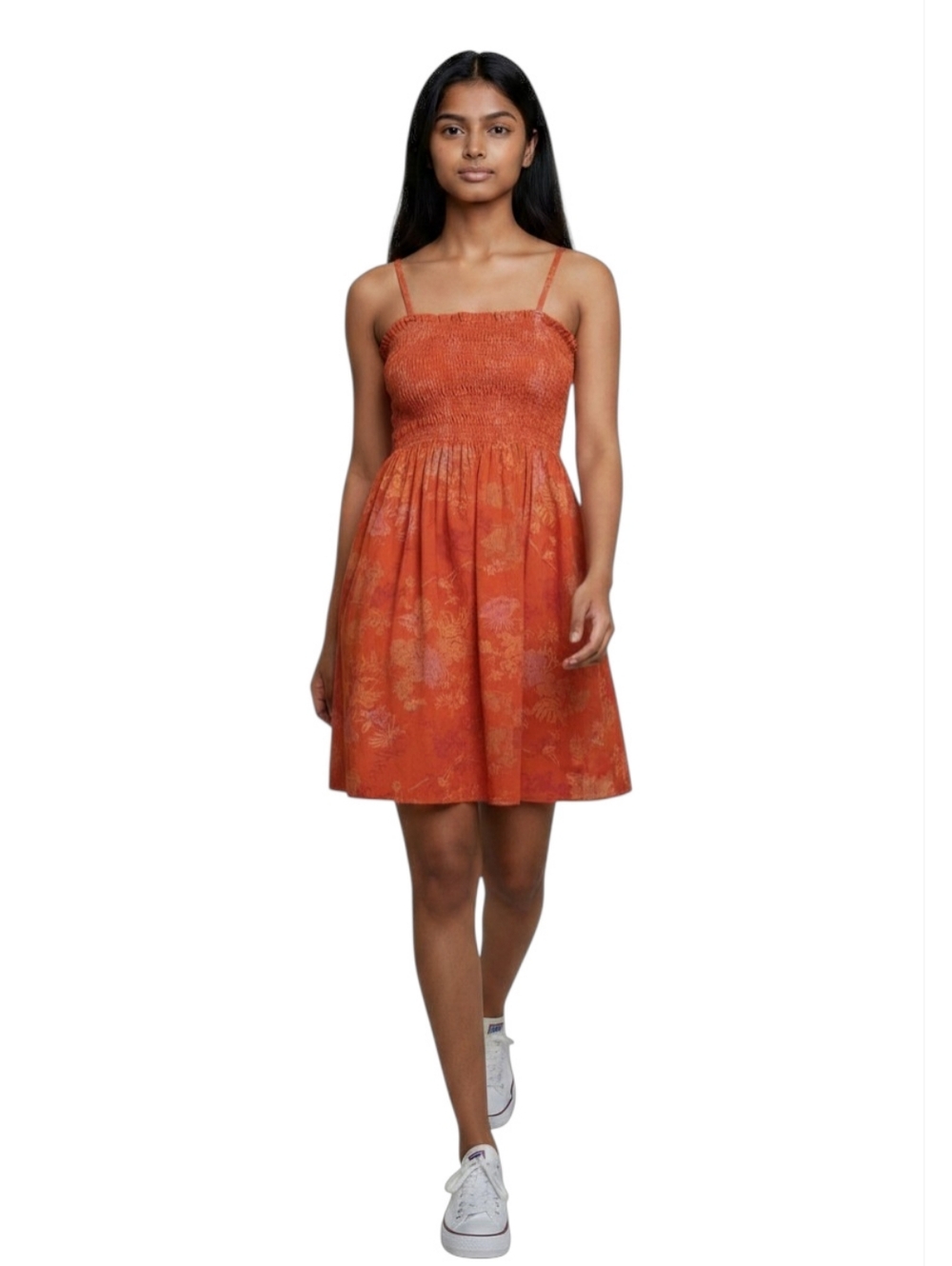 Smocked Mini Sundress Deep Orange Floral Linen/Rayon Womens XS